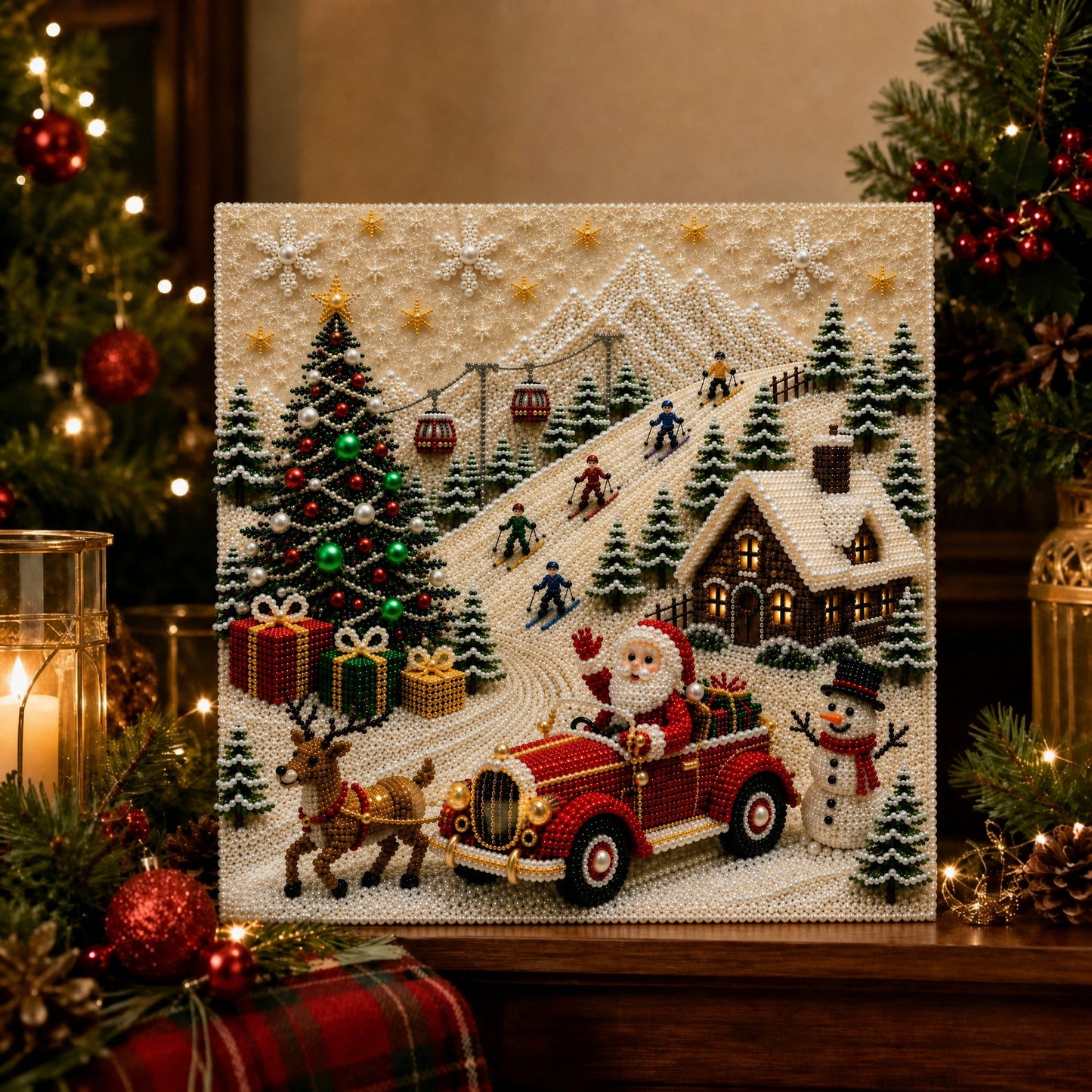 🎅 🎄 Premium 3D Pearl Christmas Wall Art Kit | Luxury Flocked Canvas with Scratch-Resistant Non-Fading Pearl Beads DIY Holiday Decor⛄️❄️