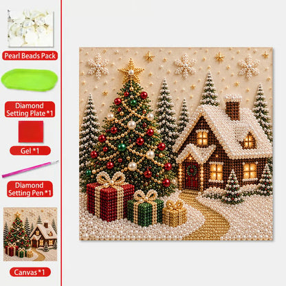 🎅 🎄 Premium 3D Pearl Christmas Wall Art Kit | Luxury Flocked Canvas with Scratch-Resistant Non-Fading Pearl Beads DIY Holiday Decor⛄️1❄️