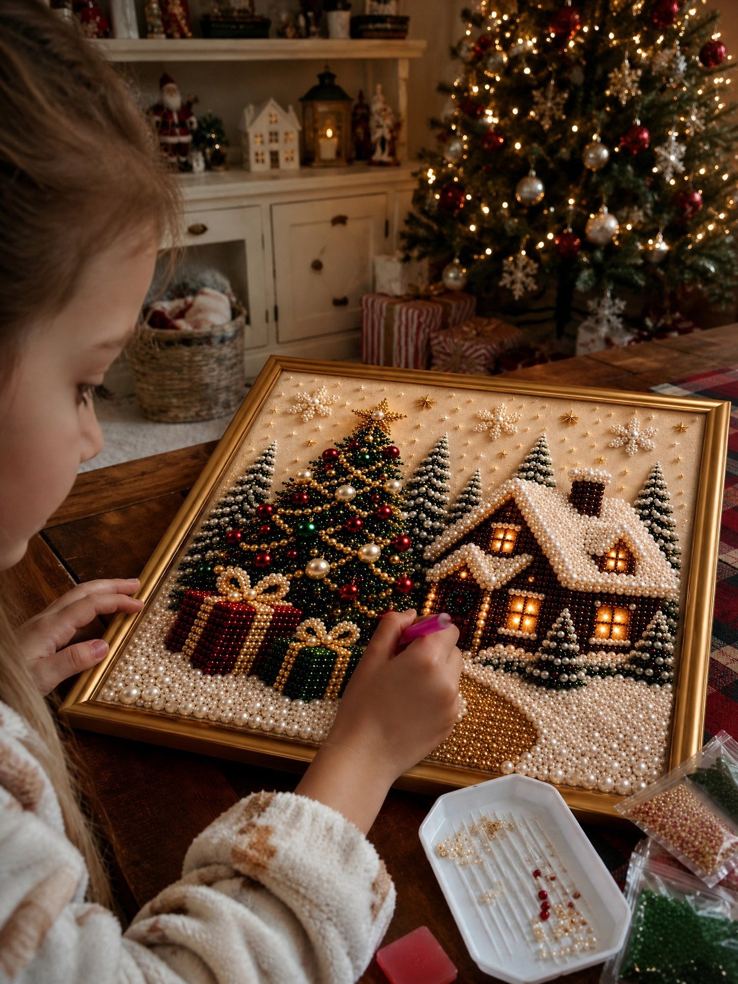 🎅 🎄 Premium 3D Pearl Christmas Wall Art Kit | Luxury Flocked Canvas with Scratch-Resistant Non-Fading Pearl Beads DIY Holiday Decor⛄️1❄️