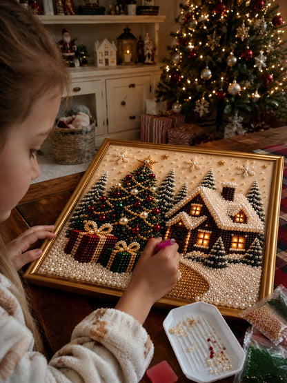 🎅 🎄 Premium 3D Pearl Christmas Wall Art Kit | Luxury Flocked Canvas with Scratch-Resistant Non-Fading Pearl Beads DIY Holiday Decor⛄️1❄️