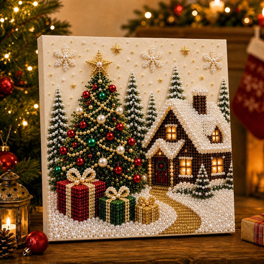 🎅 🎄 Premium 3D Pearl Christmas Wall Art Kit | Luxury Flocked Canvas with Scratch-Resistant Non-Fading Pearl Beads DIY Holiday Decor⛄️1❄️