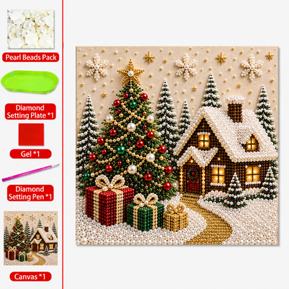 🎅 🎄 Premium 3D Pearl Christmas Wall Art Kit | Luxury Flocked Canvas with Scratch-Resistant Non-Fading Pearl Beads DIY Holiday Decor⛄️❄️