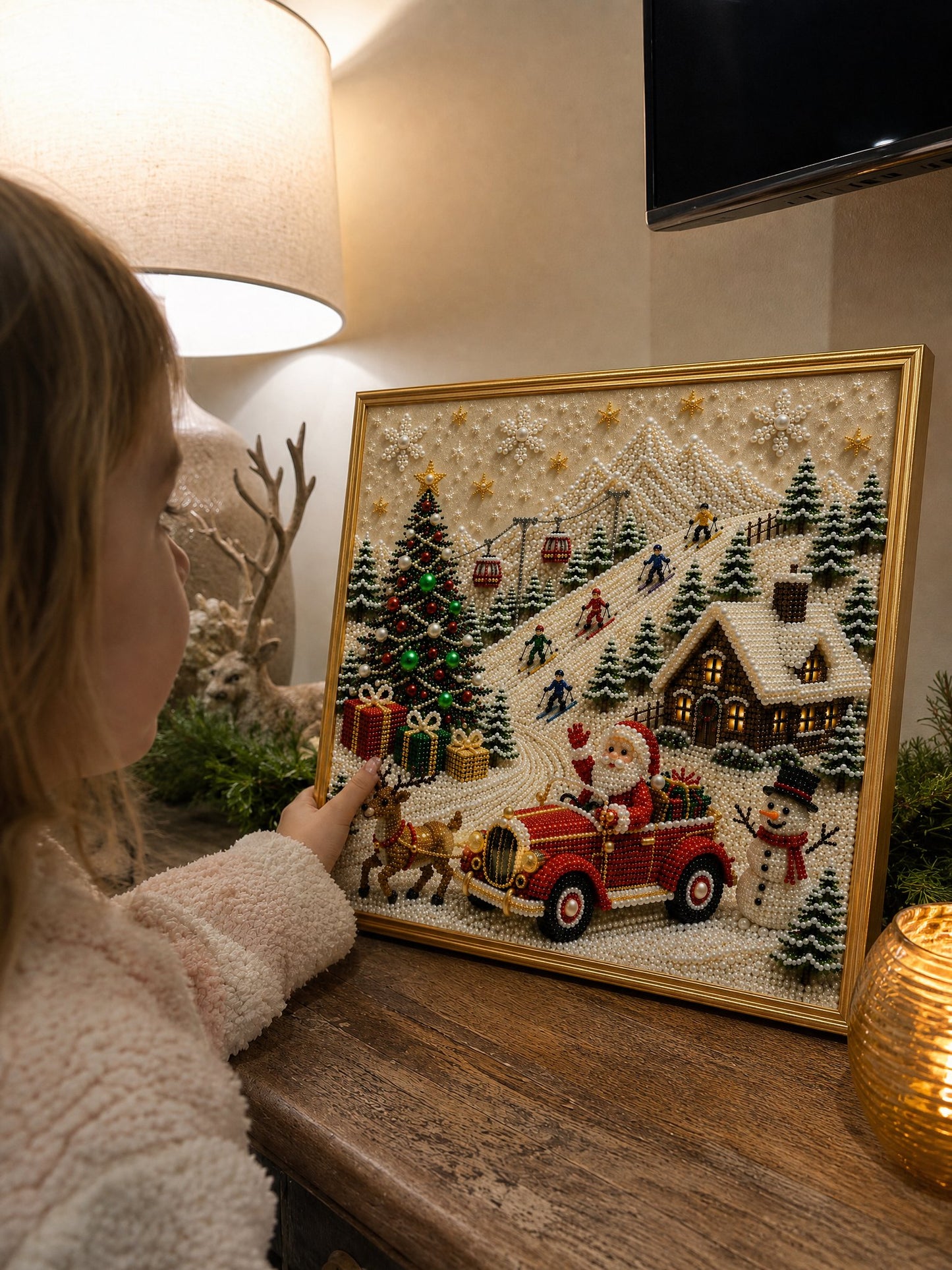 🎅 🎄 Premium 3D Pearl Christmas Wall Art Kit | Luxury Flocked Canvas with Scratch-Resistant Non-Fading Pearl Beads DIY Holiday Decor⛄️1❄️
